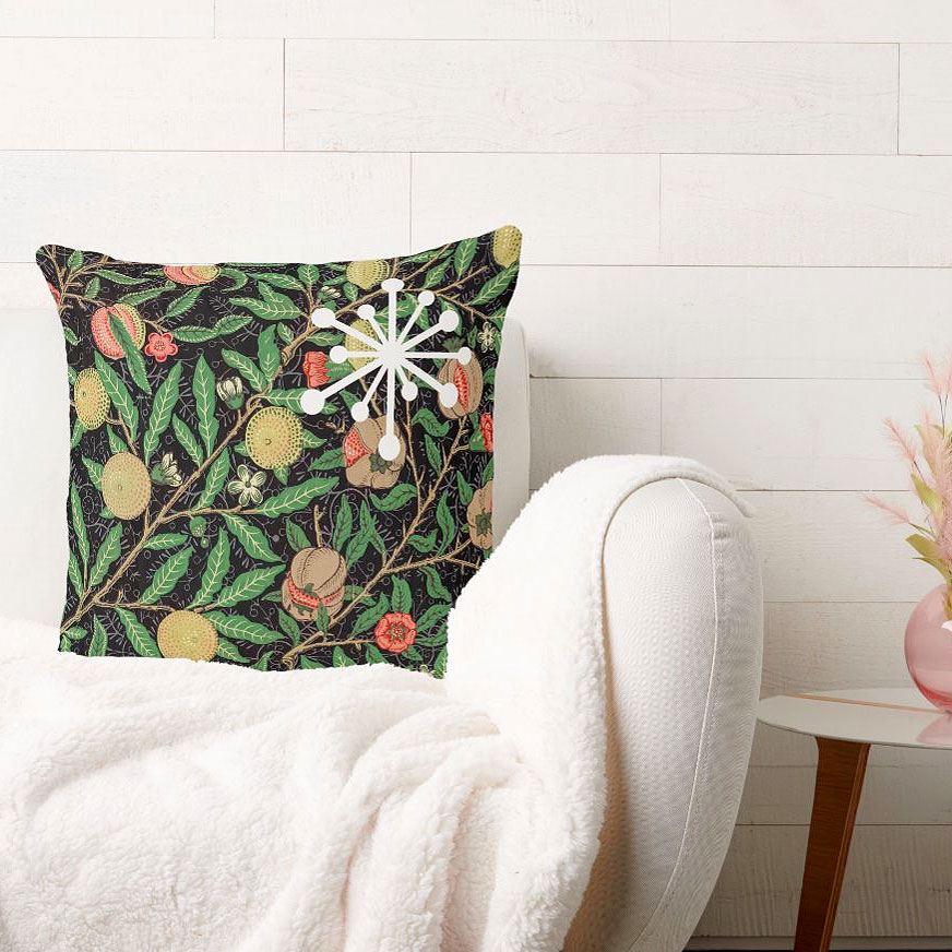 Pillow featuring the logo of the Existential Garnish brand, which offers clothing, gifts and accessories that serve as garnish for humans' existences, and also serves as the umbrella brand for all of writer, designer and artist Pete VR's overall body of work.