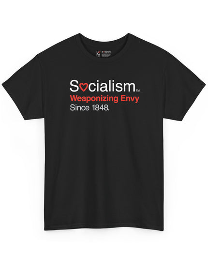 Weaponizing Envy Socialism tee, black front view — conservative humor gift shirt