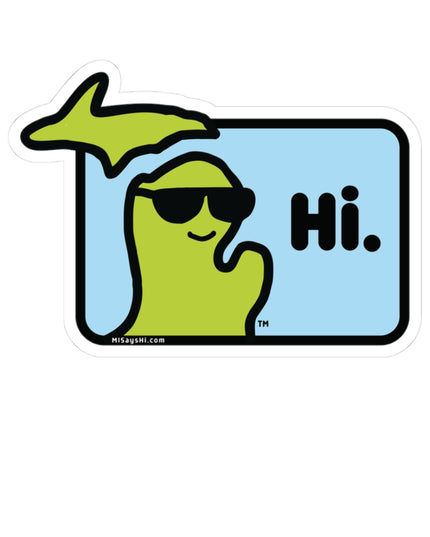 Sticker with Michigan character with sunglasses waving and saying "Hi."