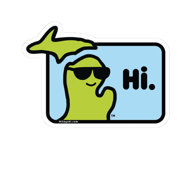 Sticker with Michigan character with sunglasses waving and saying "Hi."