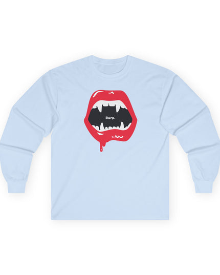 Light blue Burp Fangs long sleeve tee, front view — quirky Halloween long sleeve