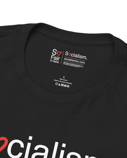 Close-up of Socialism neck label inside black tee — funny political tee
