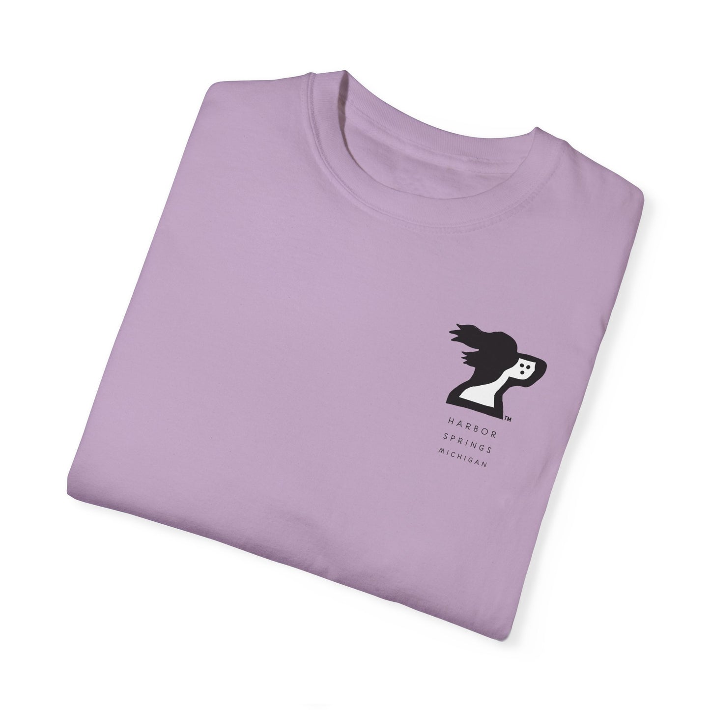 Purple color t-shirt by the Harbor Springer brand with a springer spaniel dog logo and Harbor Springs Michigan text.