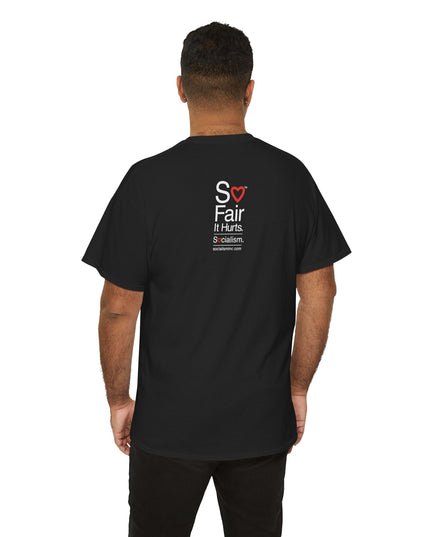 Back view, man wearing black So Fair tee — socialism satire shirt