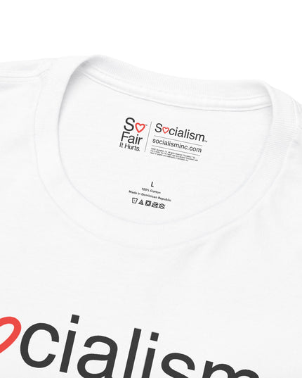 Close-up of Socialism neck label inside white tee — satirical graphic tee