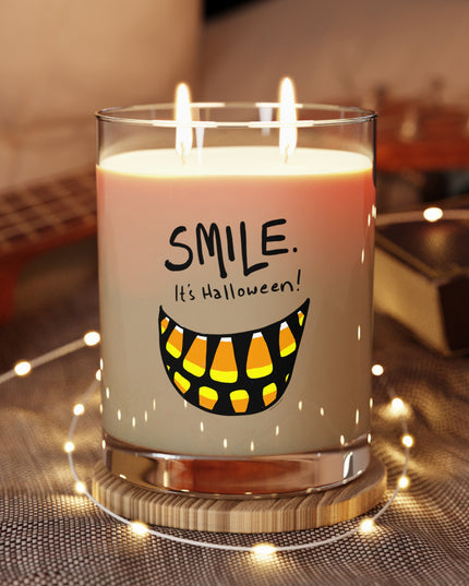 Smile candle jar with kraft lid beside it — funny candy corn Halloween candle gift