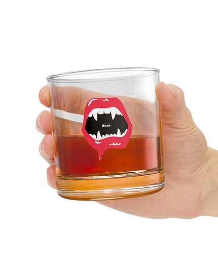 Burp Fangs rocks glass close-up of vampire print — funny Halloween drinkware