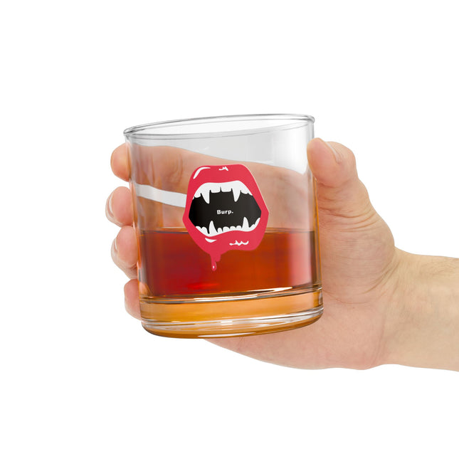 Burp Fangs rocks glass close-up of vampire print — funny Halloween drinkware