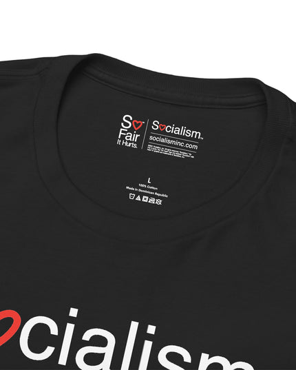 Close-up of Socialism neck label inside black tee — funny political tee