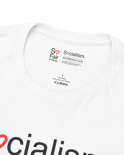 Close-up of Socialism neck label inside white tee — satirical graphic tee