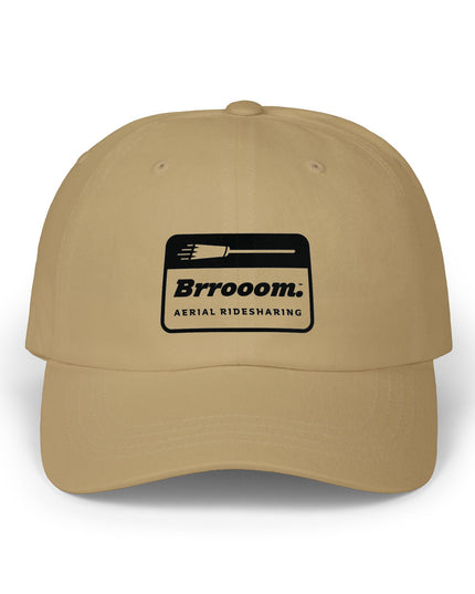 Model wearing stone Brrooom dad cap with broom patch — funny witch Halloween hat