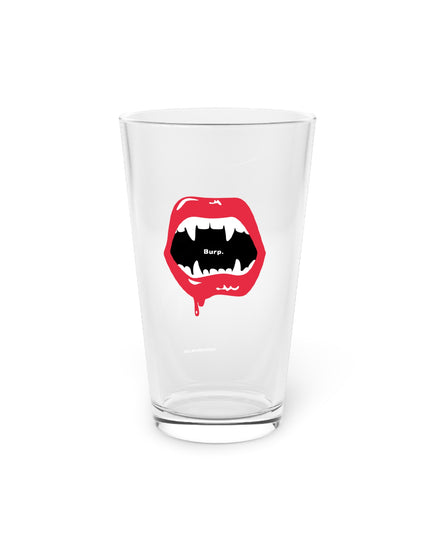 Burp Fangs pint glass 16oz, front view — funny Halloween beer glass