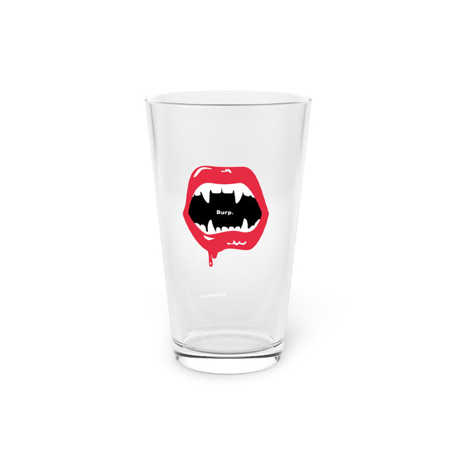 Burp Fangs pint glass 16oz, front view — funny Halloween beer glass