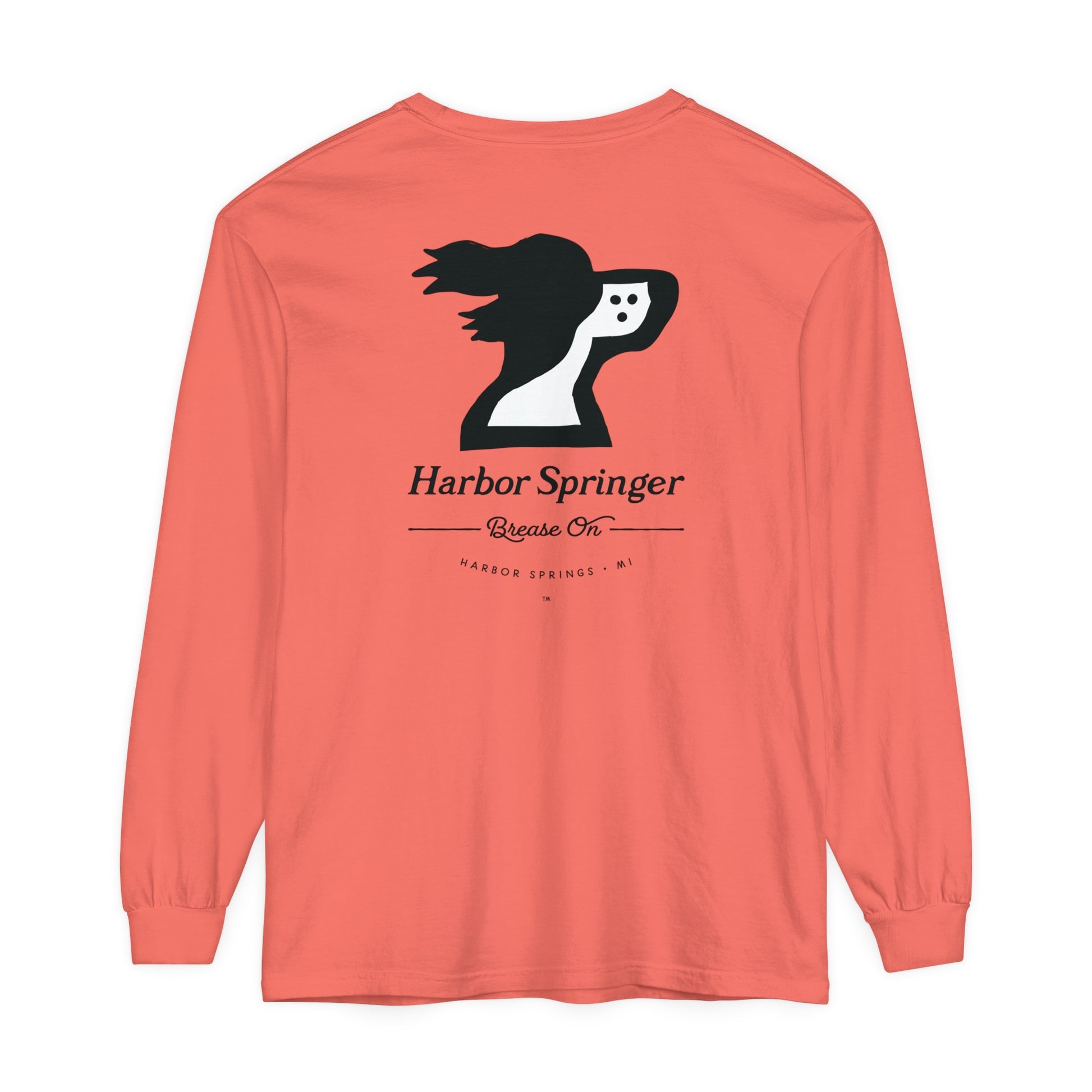 Salmon color long sleeve t-shirt by the Harbor Springer brand with a springer spaniel dog logo and Brease On tagline on the back.