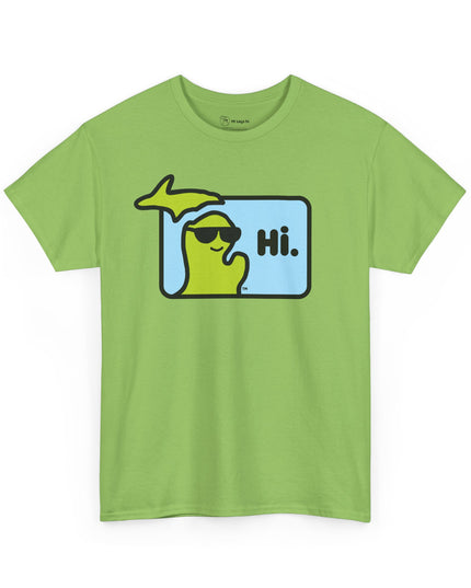Green Michigan t-shirt with state of Michigan wearing sunglasses and waving.