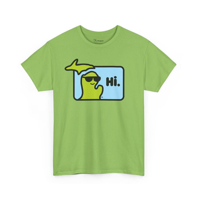 Green Michigan t-shirt with state of Michigan wearing sunglasses and waving.