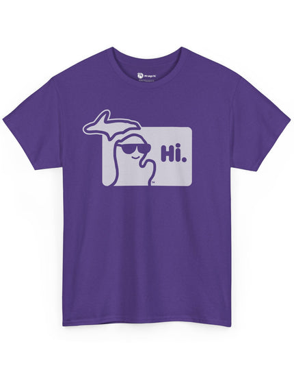 Purple Michigan t-shirt with state of Michigan wearing sunglasses and waving.