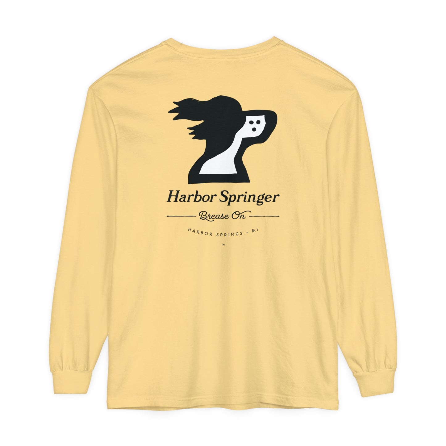 Light yellow color long sleeve t-shirt by the Harbor Springer brand with a springer spaniel dog logo and Brease On tagline on the back.