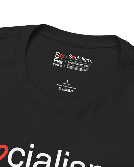 Close-up of Socialism neck label inside black tee — funny political tee