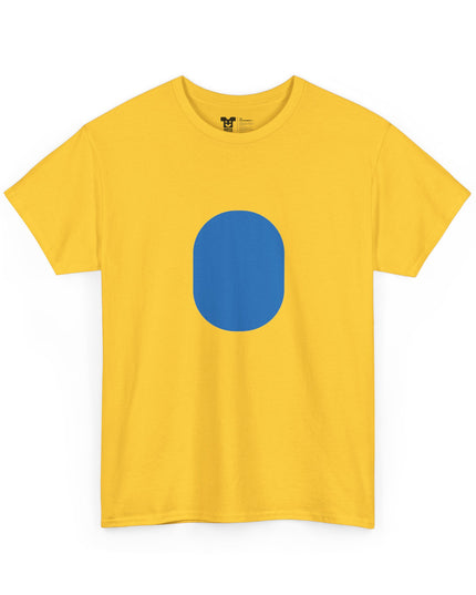 Banana InstaCostume tee flat lay front view, blue oval print on yellow cotton — funny banana costume t-shirt