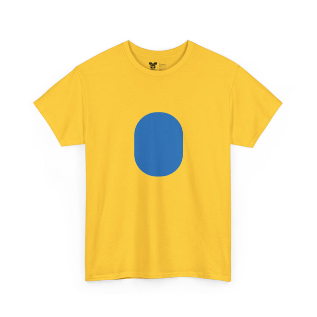 Banana InstaCostume tee flat lay front view, blue oval print on yellow cotton — funny banana costume t-shirt