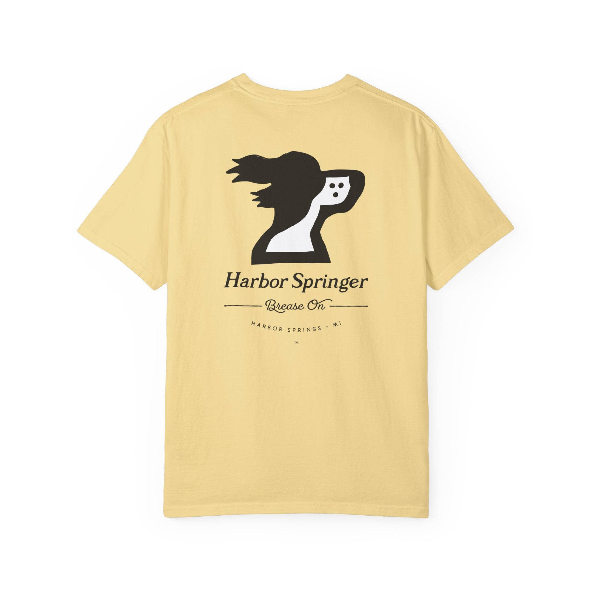 Light yellow t-shirt by the Harbor Springer brand with a springer spaniel dog logo and Brease On tagline on the back.