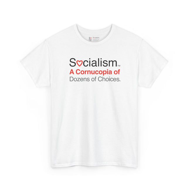 Cornucopia Socialism tee, white front view — funny political satire t-shirt