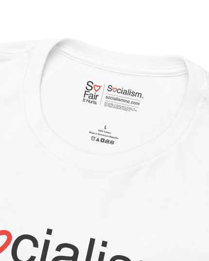 Close-up of Socialism neck label inside white tee — satirical graphic tee