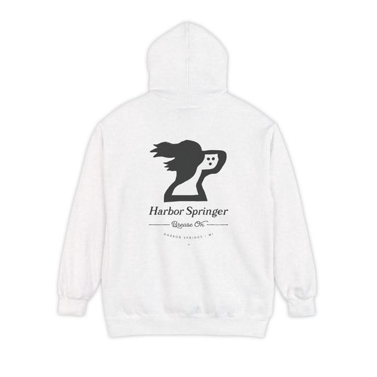 White color hoodie by the Harbor Springer brand with a springer spaniel dog logo and Brease On tagline on the back.