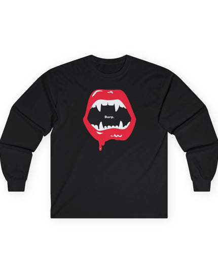 Black Burp Fangs long sleeve tee, front view — funny vampire Halloween shirt