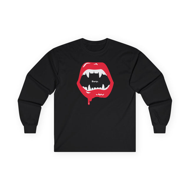 Black Burp Fangs long sleeve tee, front view — funny vampire Halloween shirt