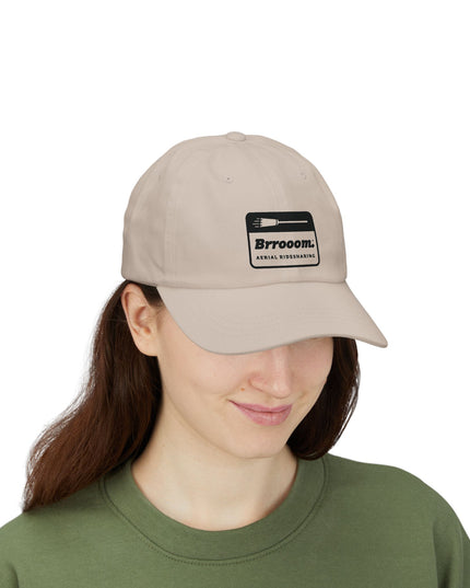 Model wearing light blue Brrooom dad hat — witchy Halloween costume headwear
