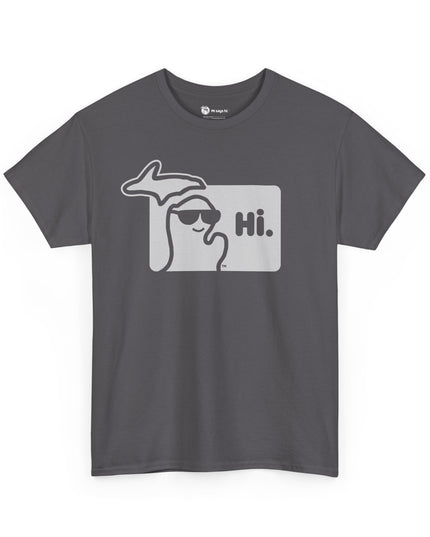 Gray Michigan t-shirt with state of Michigan wearing sunglasses and waving.