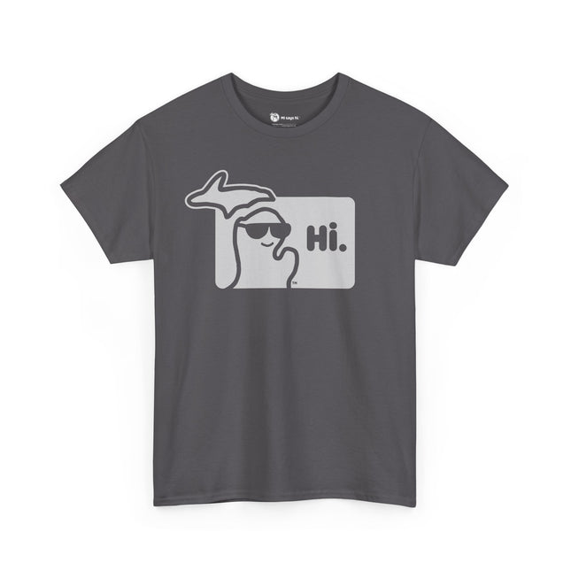 Gray Michigan t-shirt with state of Michigan wearing sunglasses and waving.