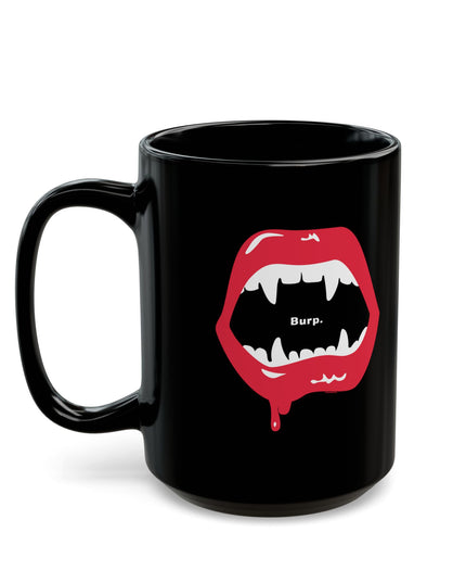 Burp Fangs black ceramic mug 11oz, studio shot — funny Halloween gift for coffee lovers