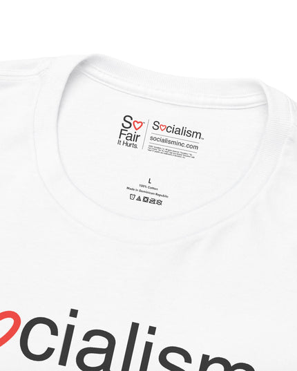 Close-up of Socialism neck label inside white tee — satirical graphic tee