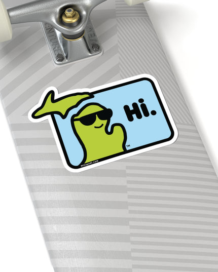 Large sticker with Michigan character with sunglasses waving and saying "Hi" on a skateboard.