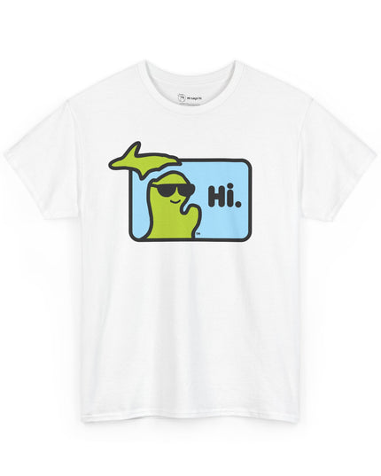 White Michigan t-shirt with state of Michigan wearing sunglasses and waving.