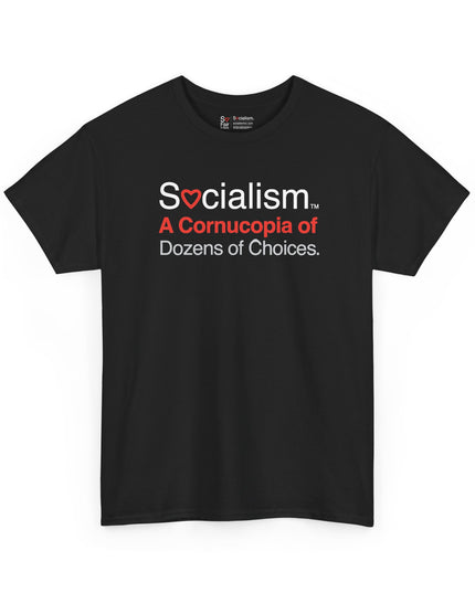 Cornucopia Socialism tee, black front view — conservative humor gift shirt