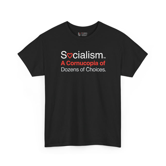 Cornucopia Socialism tee, black front view — conservative humor gift shirt