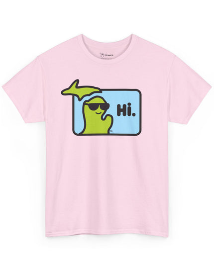 Pink Michigan t-shirt with state of Michigan wearing sunglasses and waving.