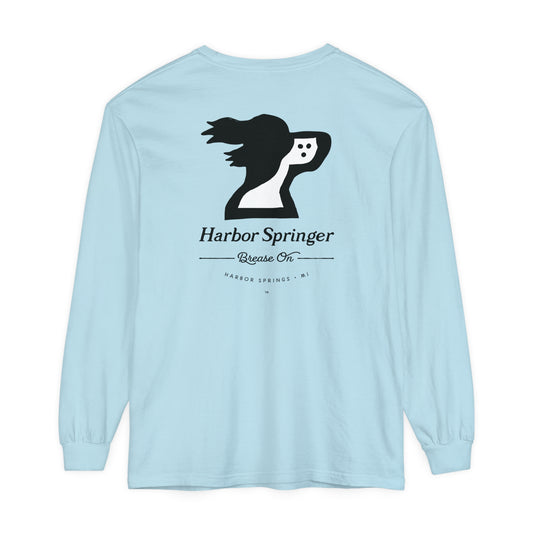 Light blue color long sleeve t-shirt by the Harbor Springer brand with a springer spaniel dog logo and Brease On tagline on the back.