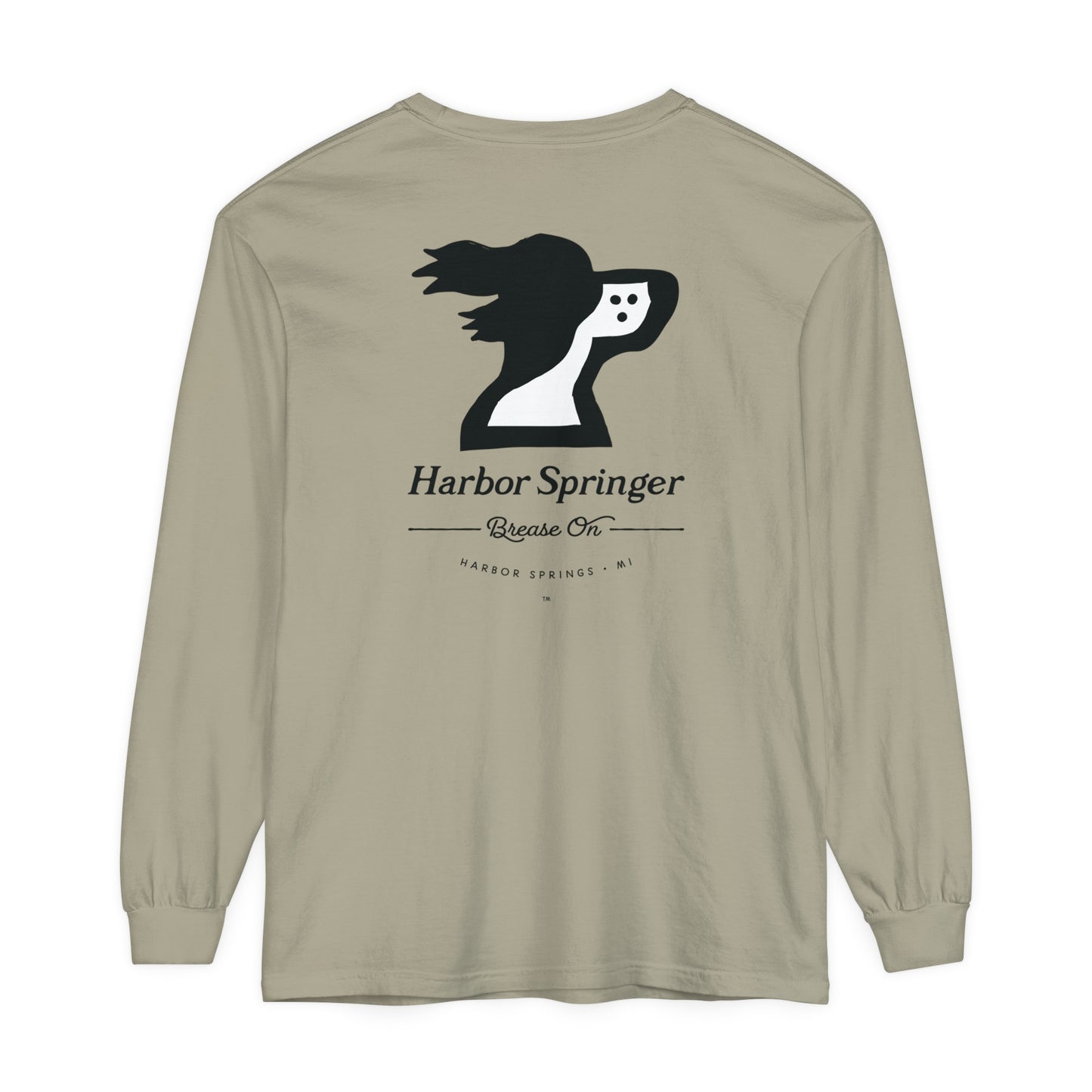 Tan color long sleeve t-shirt by the Harbor Springer brand with a springer spaniel dog logo and Brease On tagline on the back.