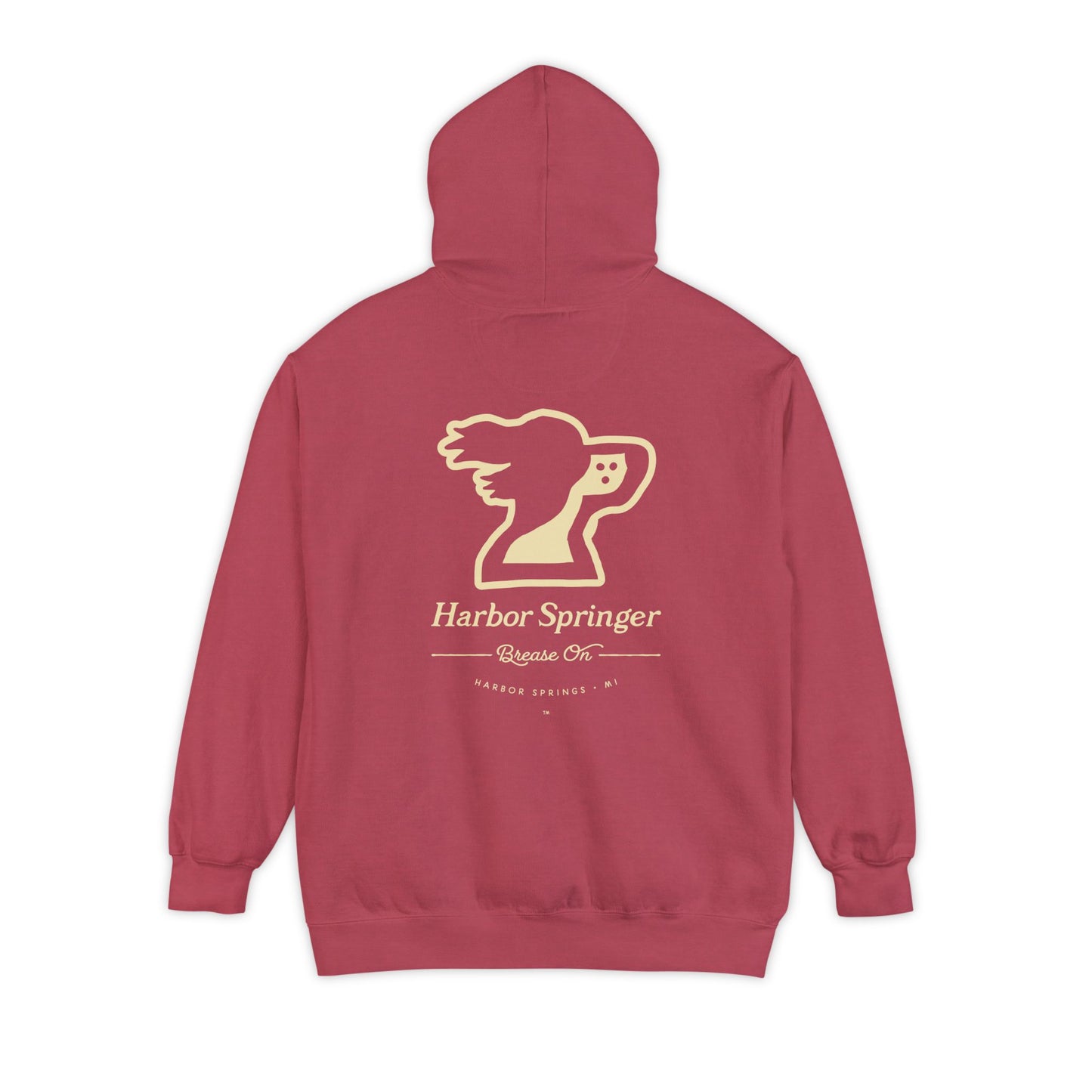 Red color hoodie by the Harbor Springer brand with a springer spaniel dog logo and Brease On tagline on the back.