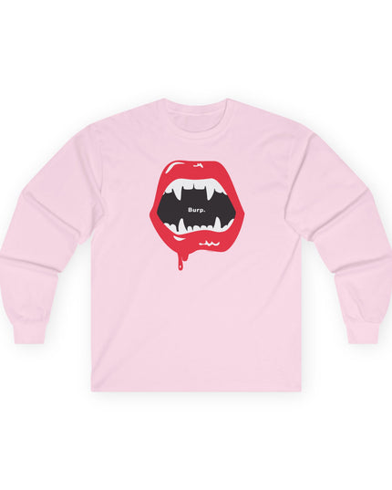 Light pink Burp Fangs long sleeve shirt, front view — funny spooky season shirt