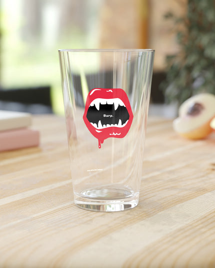 Burp Fangs tempered pint glass top view — spooky season barware
