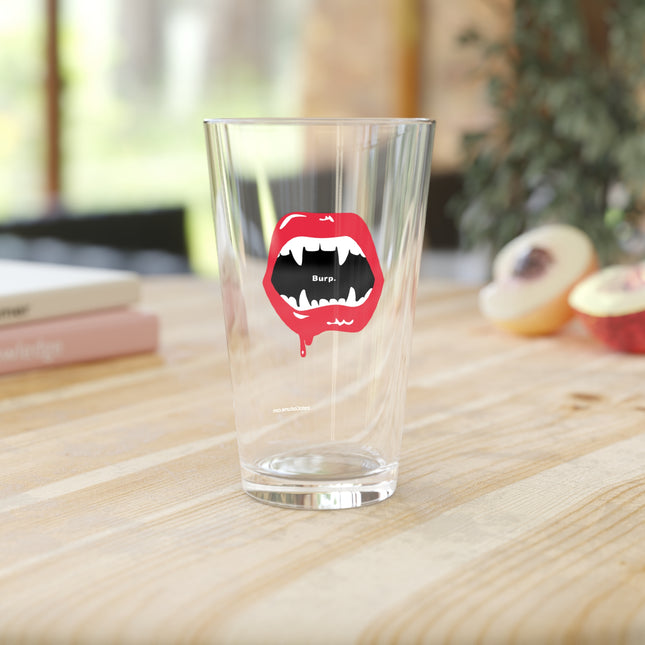 Burp Fangs tempered pint glass top view — spooky season barware