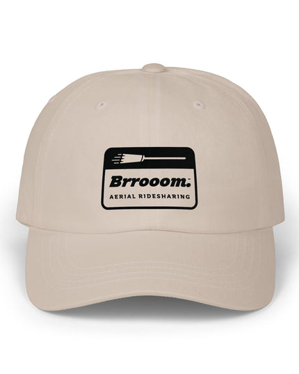 Stone Brrooom aerial ridesharing hat, front view — quirky Halloween costume cap