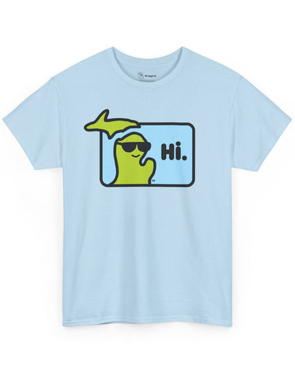 Light blue Michigan t-shirt with state of Michigan wearing sunglasses and waving.