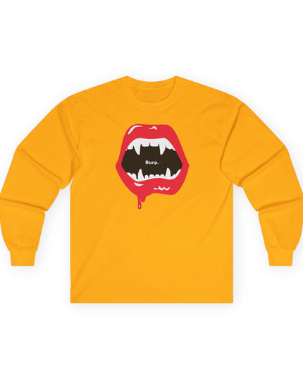 Gold Burp Fangs long sleeve shirt, front view — funny Halloween costume tee